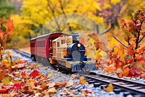 toy train engine on a model track amid fake fall foliage