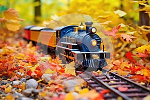 toy train engine on a model track amid fake fall foliage