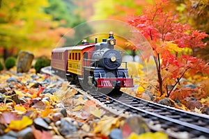 toy train engine on a model track amid fake fall foliage
