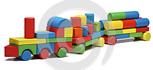Toy train goods van, wooden blocks cargo railway transportation