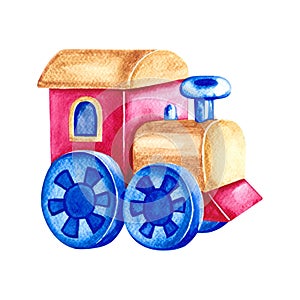 A toy train. Handmade watercolor illustration. Isolate. For the design of children's books, postcards and flyers