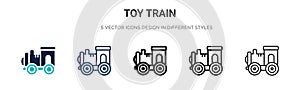 Toy train icon in filled, thin line, outline and stroke style. Vector illustration of two colored and black toy train vector icons