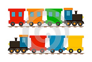 Toy train for kid. Cartoon child locomotive with wagons. Icon of cute train on railway. Isolated set on white background for