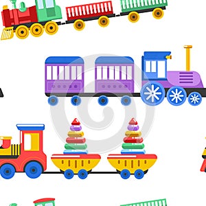 Toy trains with kid toys and children playthings for kindergarten boys children design seamless pattern.