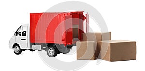 Toy truck with boxes isolated. Logistics and wholesale concept