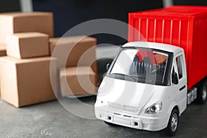 Toy truck. Logistics and wholesale concept