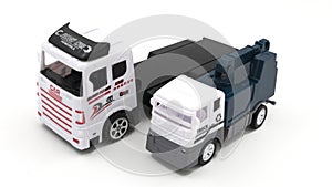 Toy truck with trailer and car telescopic lift on white background.