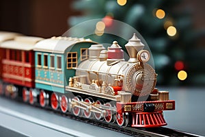 Toy vintage locomotive on blur Christmas light background. Cartoon Illustration. Festive postcard