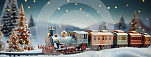 Toy vintage locomotive in Christmas blur light background. Cartoon Illustration. Banner.