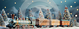 Toy vintage locomotive in Christmas blur light background. Cartoon Illustration. Banner.