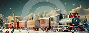 Toy vintage locomotive in snow forest. Christmas train on festive postcard. Illustration. Banner.