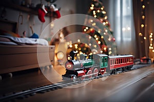 toy vintage steam locomotive on the floor under a decorated Christmas tree against the backdrop of a garland of bokeh lights