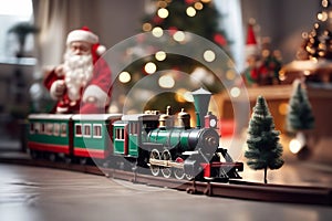 toy vintage steam locomotive on the floor under a decorated Christmas tree against the backdrop of a garland of bokeh lights