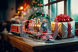 a toy vintage steam locomotive on a table under a decorated Christmas tree against the backdrop of a garland of bokeh lights