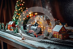 a toy vintage steam locomotive on a table under a decorated Christmas tree against the backdrop of a garland of bokeh lights