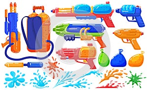 Toy water guns to play, fun pistol and baloons, game spray isolated on white set of cartoon vector illustration.