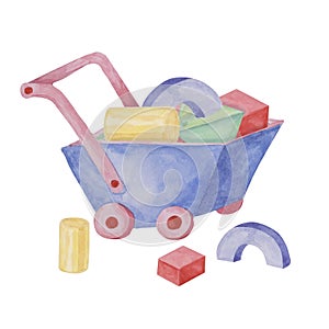 Toy wheelbarrow with multicolored building blocks. Construction playthings in wooden cart watercolor illustration for