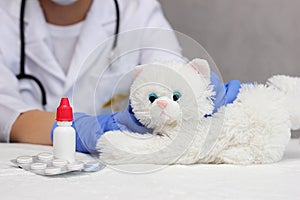 A toy white kitten in the hands of a veterinarian. medicine for pets