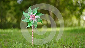 Toy windmill green pink shiny color turns in the wind on nature outdoor on a background of green grass on a Sunny summer day. Nois