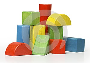 Toy wooden blocks, multicolor building bricks over whit