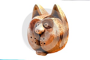 Toy wooden cat head, isolated white background