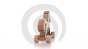 toy wooden horse on wheels is spinning on white background. Wooden craft on turntable rotation, children's toy detailed