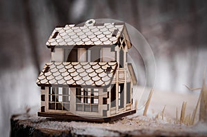 Toy wooden house on the snow