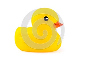 Toy yellow duck with red beak, isolate on a white background