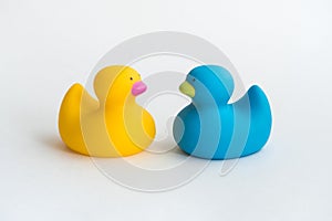 Toy yellow rubber duck isolated on white background. Opposition symbol, political struggle and anti-racism concept