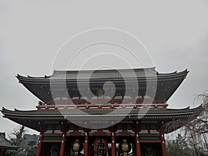 Toyo, Japan - 3 March 2019 A temple with a gate and a giant red lantern stand,It is one of the oldest and most important temples