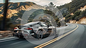 A Toyota Supra with alloy wheels drives down a mountain road under the sky