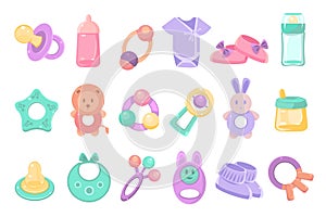 Toys and accessories for baby sett, newborn infant care, feeding and clothing vector Illustrations on a white background