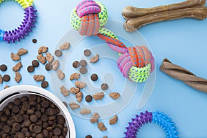 Toys, accessories for dogs and dry food on the blue background. Top view. Space for a text.