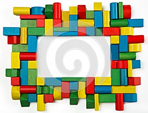 Toys blocks frame, multicolor wooden building bricks, group of c