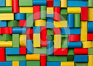 Toys blocks, multicolor wooden bricks, group colorful building