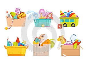 Toys box. Children toy cars rocket soccer bear gifts for kids vector packages collection