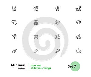 Toys and children`s things family and family values vector linear icons set