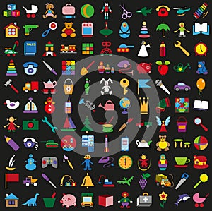 Toys colorful icons on black background