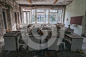 Toys and cots, Kindergarten in Prypiat, Chernobyl exclusion Zone. Chernobyl Nuclear Power Plant Zone of Alienation in Ukraine