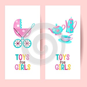 Toys for girls. Vector clipart. Toy stroller. A set of toy dishes for tea and coffee. Isolated on a white background.