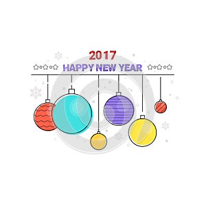 Toys Hanging Simple Line Sketch Merry Christmas Happy New Year Banner Card Outline