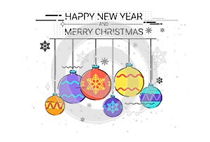 Toys Hanging Simple Line Sketch Merry Christmas Happy New Year Banner Card Outline