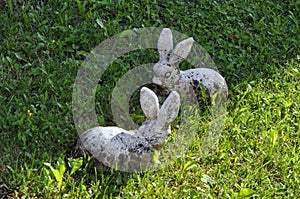 Toys hares on the green grass