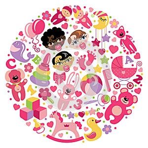 Toys icons for baby girl in circle