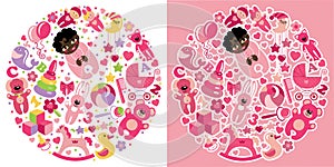 Toys icons for mulatto baby girl.Circle Composition set