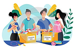 Toys and kids clothes donation. Vector trendy flat cartoon illustration. Social care, volunteering and charity concept