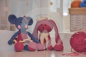 Toys knitted hook, mouse and rabbit