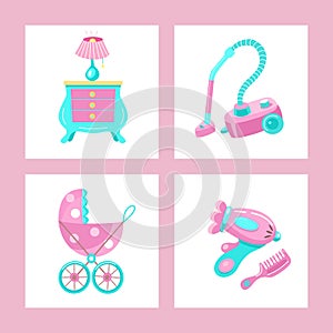 Toys for little princesses. Set of vector cliparts.