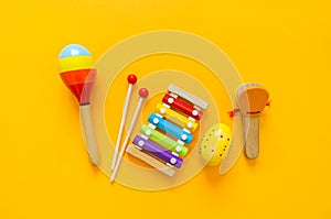 Toys musical instruments to play with the child. Flat lay. Copy space