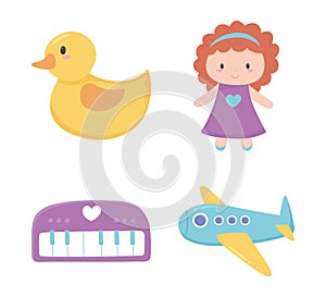 Toys object for small kids to play cartoon doll duck plane and musical instrument